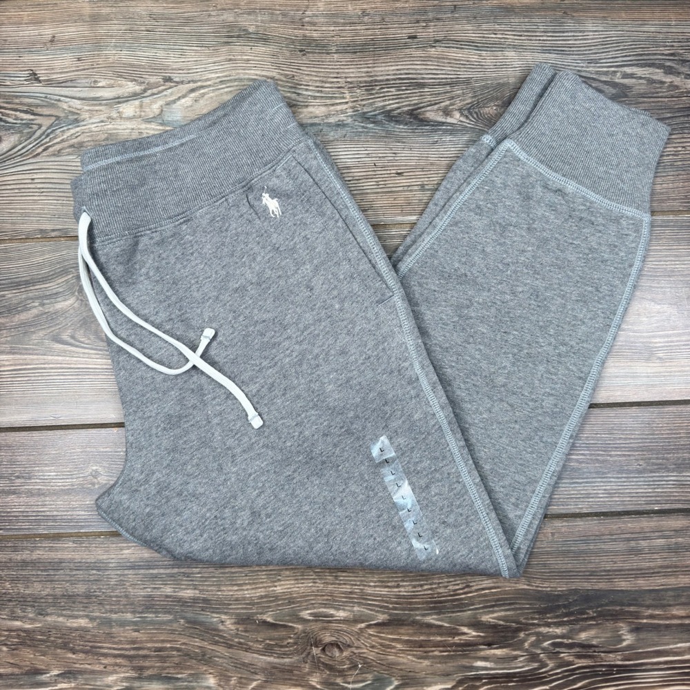 Polo Ralph Lauren Women LARGE Joggers Gray Fleece Drawstring Pony Logo CUT TAGS
